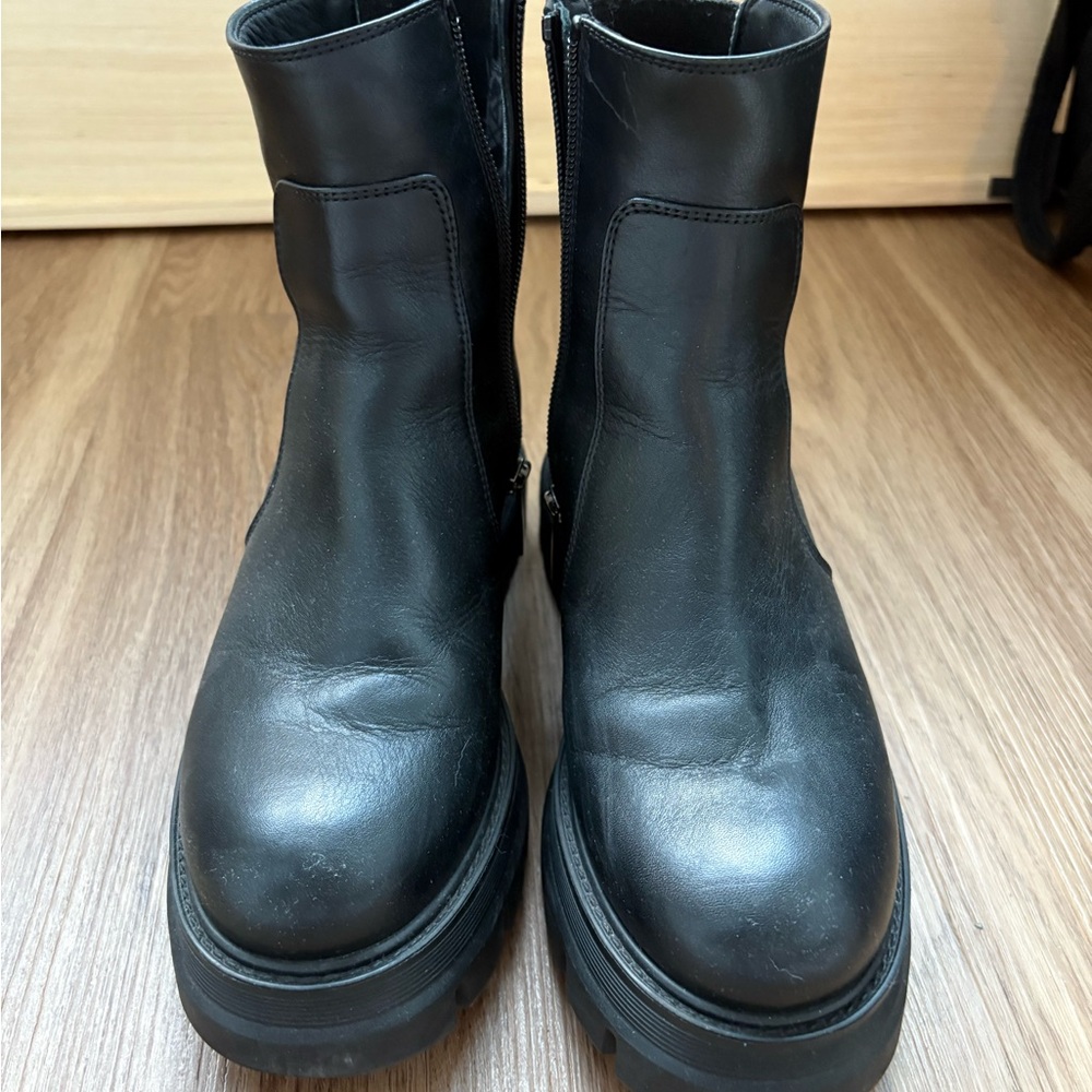 Aquatalia Waterproof Black Combat Moto Boots with Chunky Sole